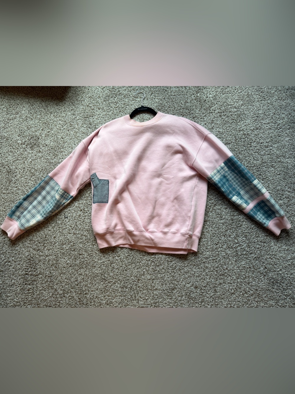 Abercrombie & Fitch Pink Crewneck Sweatshirt with Plaid Sleeve Panels